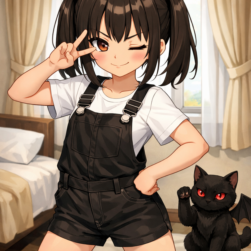 anime girl smirking with cat in room