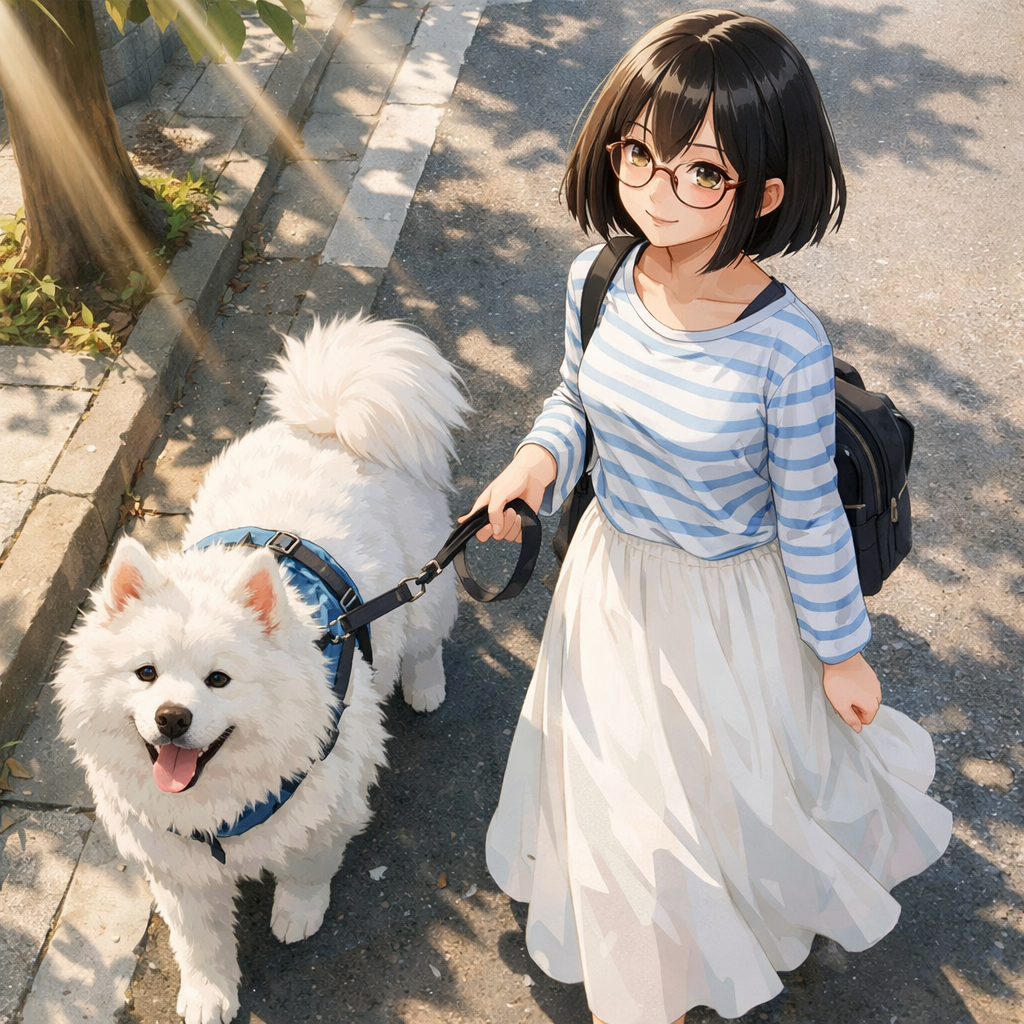 anime schoolgirl walks samoyed on sunlit sidewalk