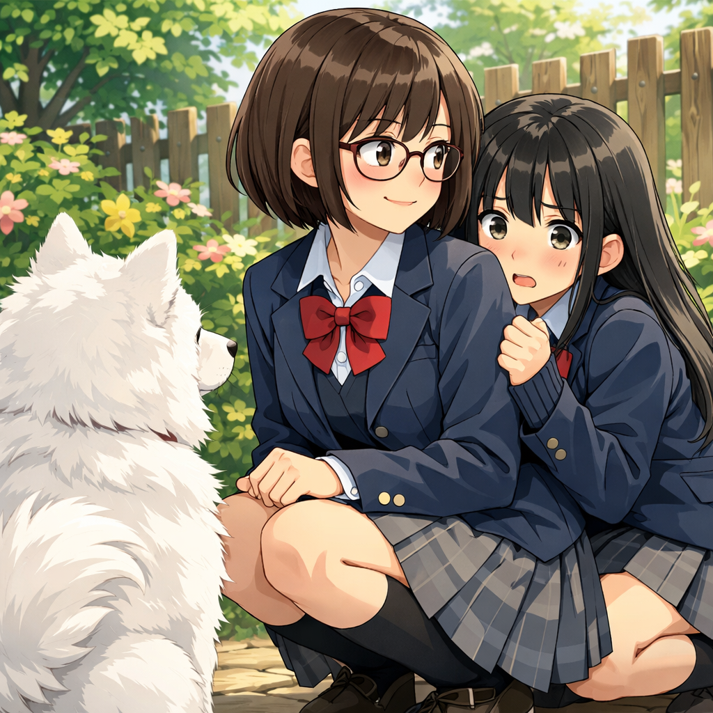 anime girls with samoyed in garden