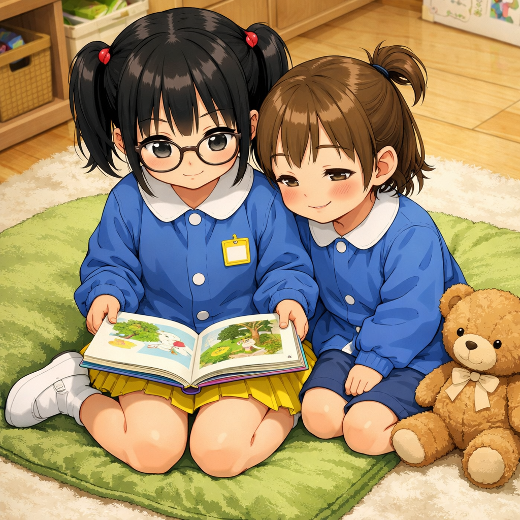two kindergarten girls reading picture book