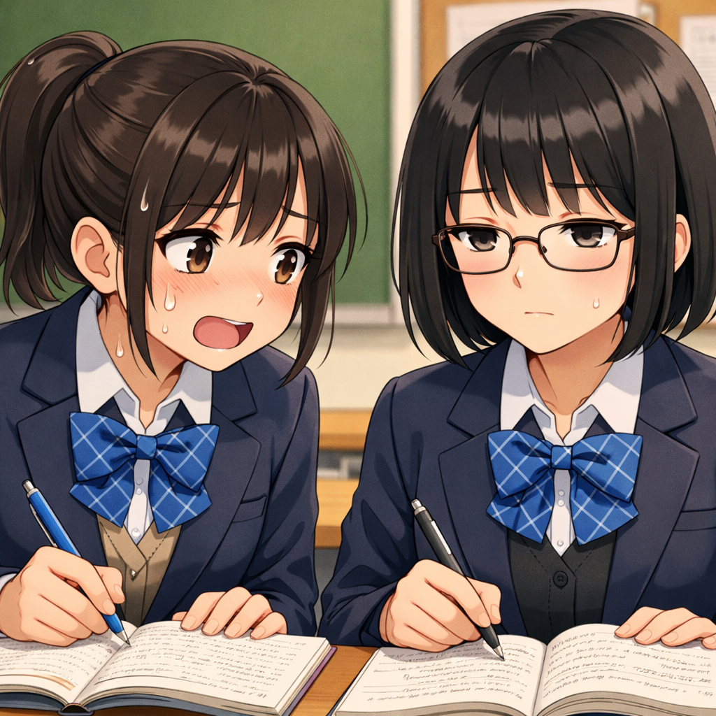 two high school girls copying notes in classroom