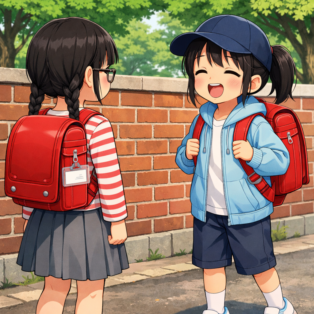 two anime schoolgirls walking to school