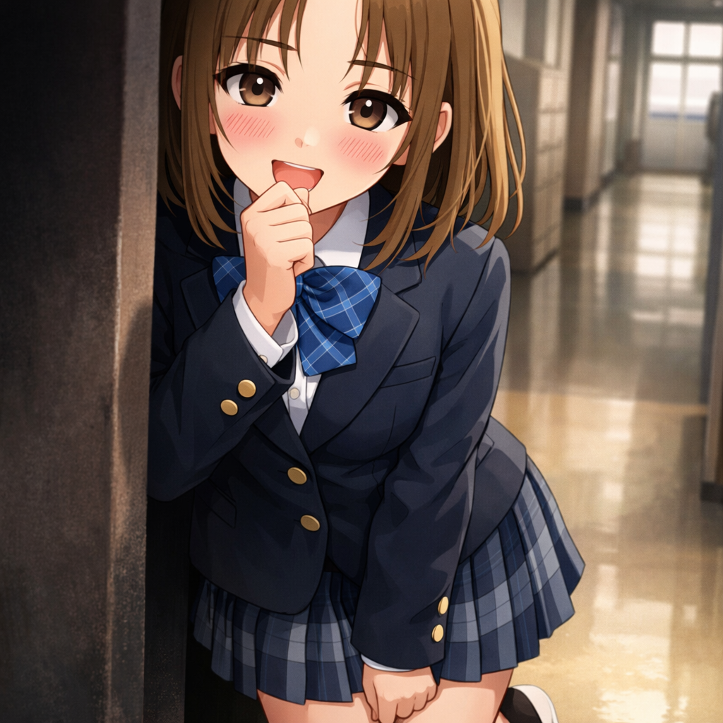 anime school girl blushing coquettish pose hallway