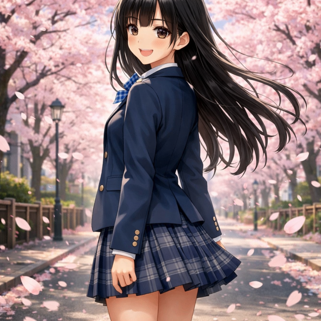 anime girl cherry blossom street wind blowing hair