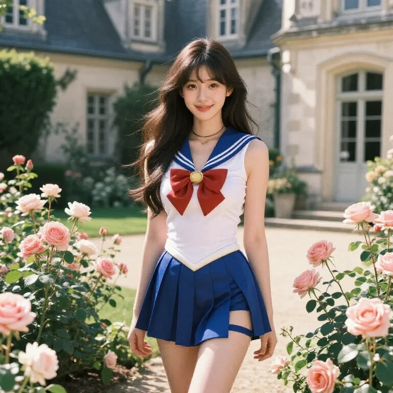 young japanese woman sailor moon uniform roses