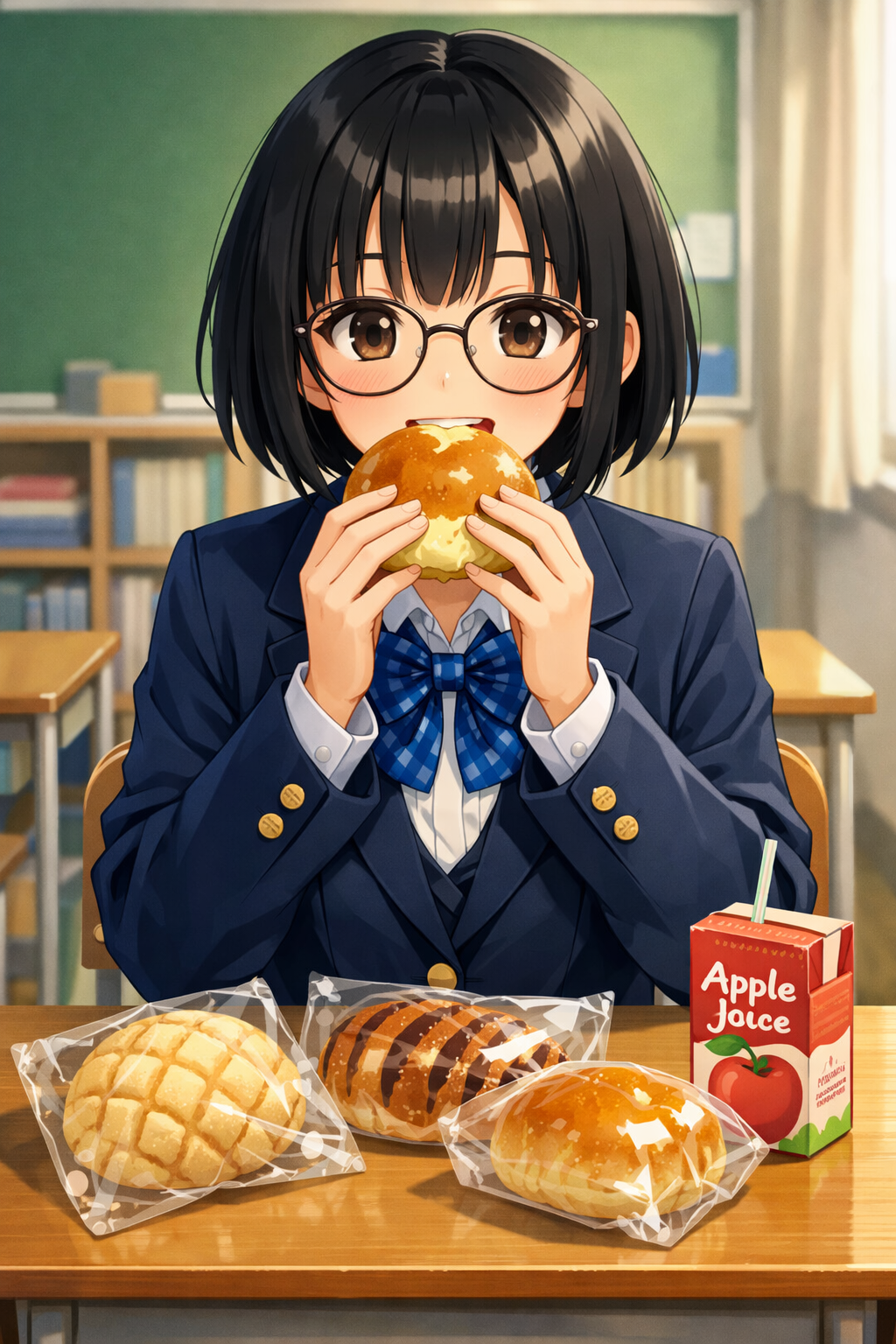 anime high school girl eating cream pan