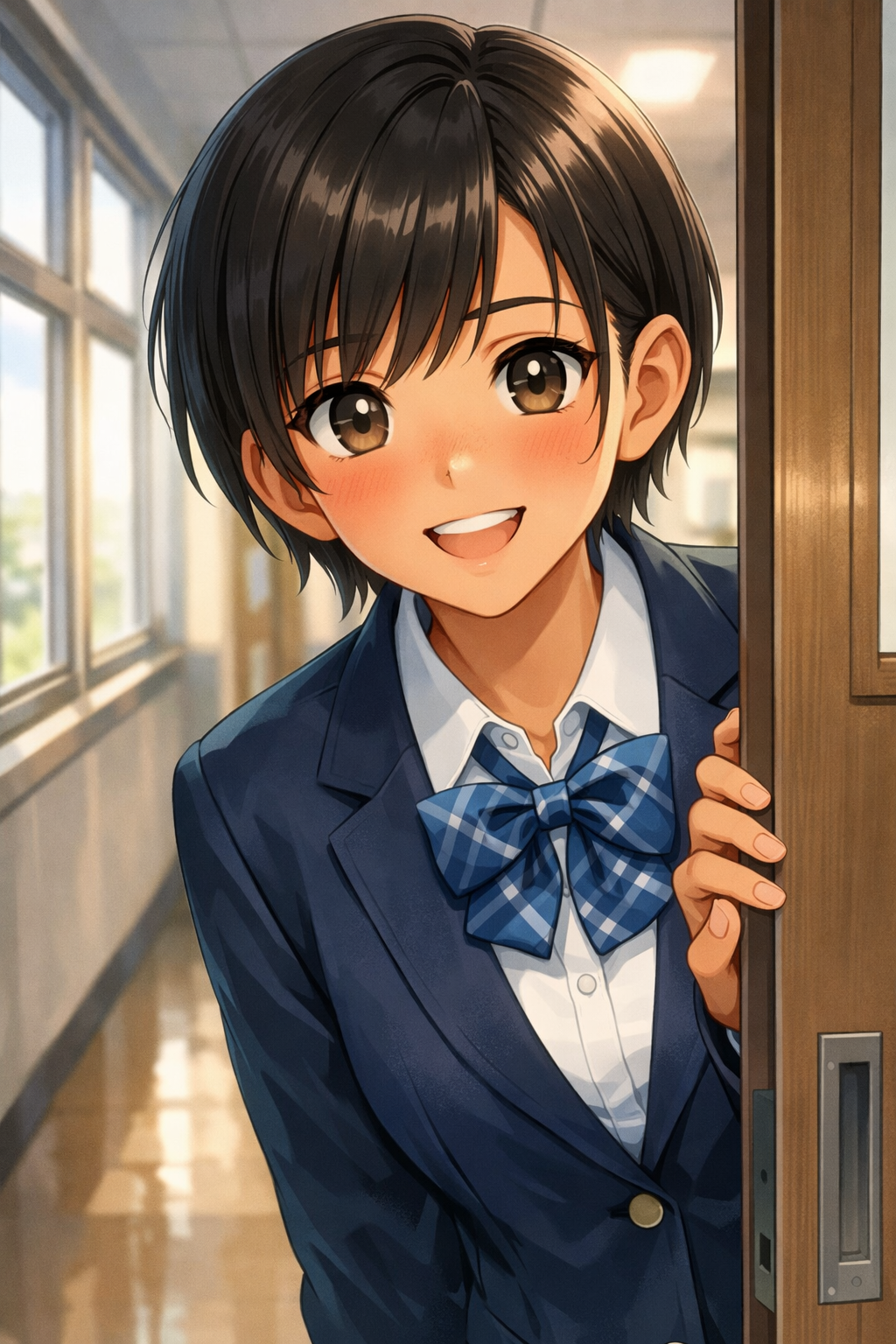 anime high school girl smiling in hallway