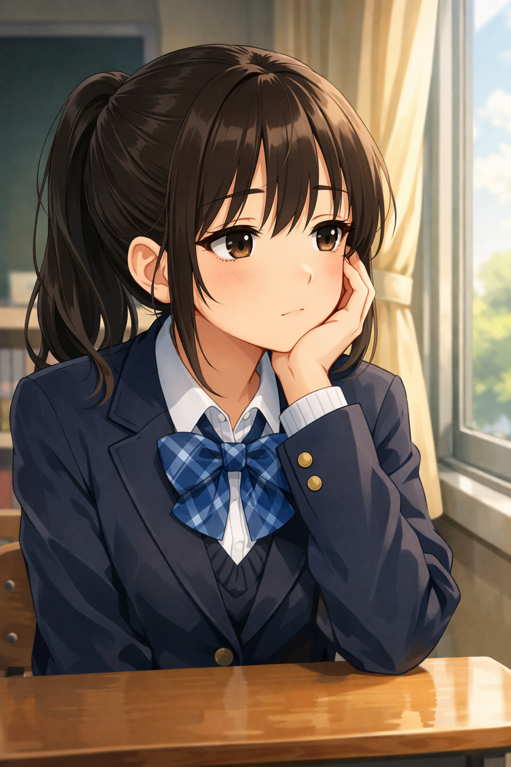 anime high school girl sitting by window