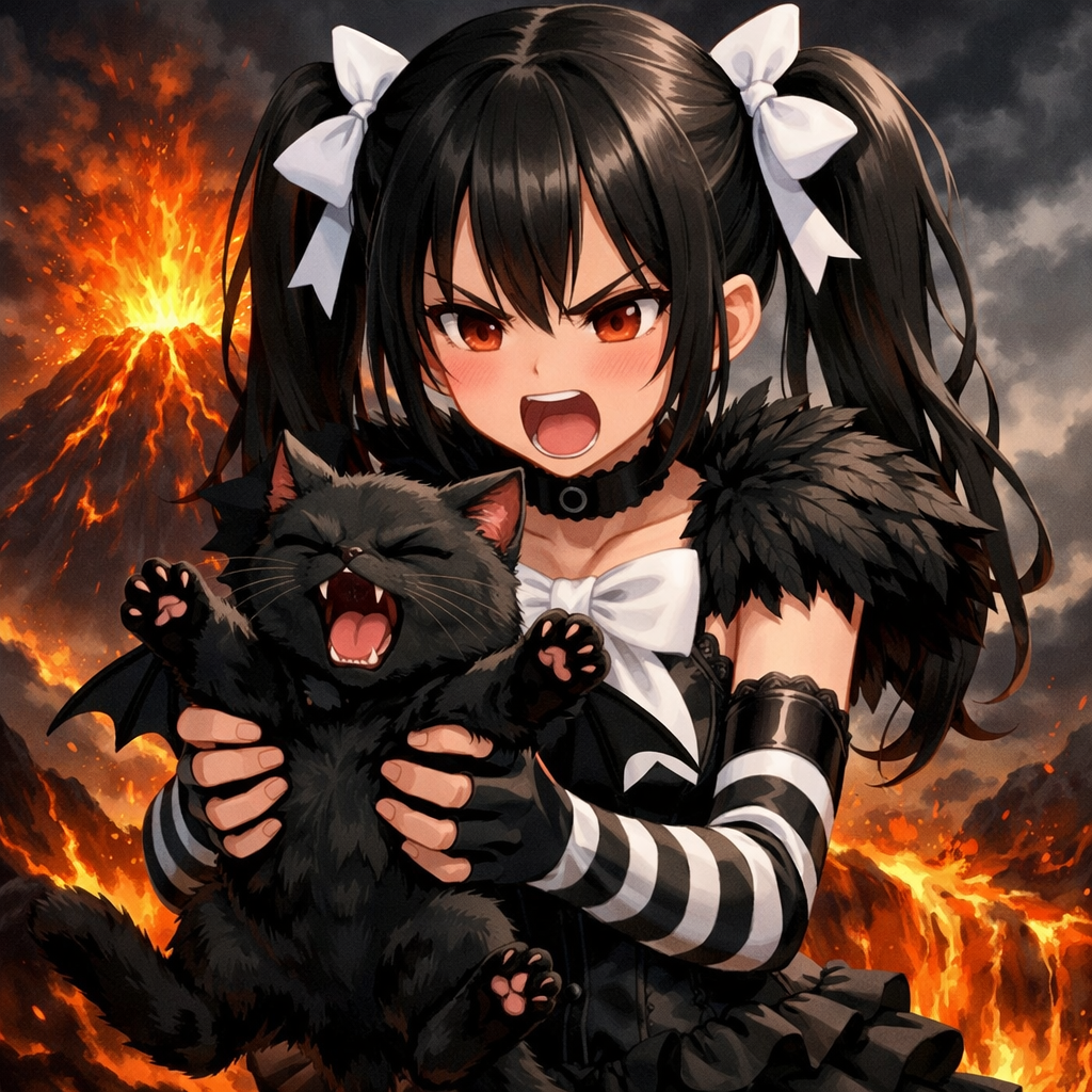 anime girl angry black cat dark background