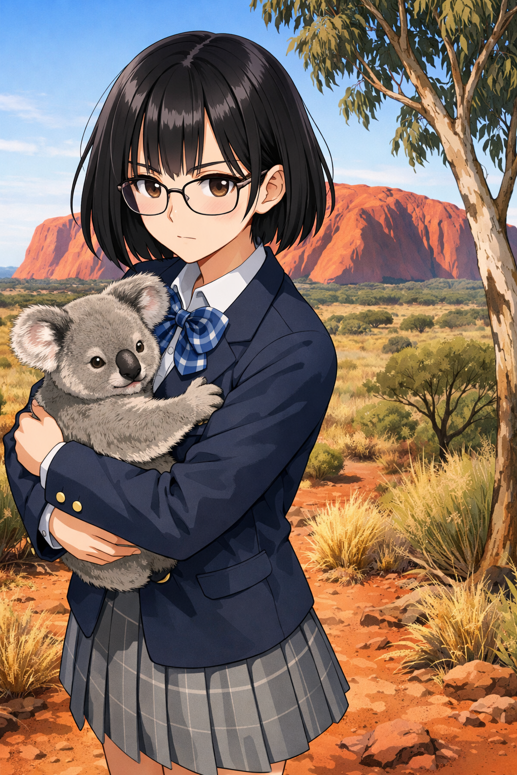 high school girl anime style koala hug