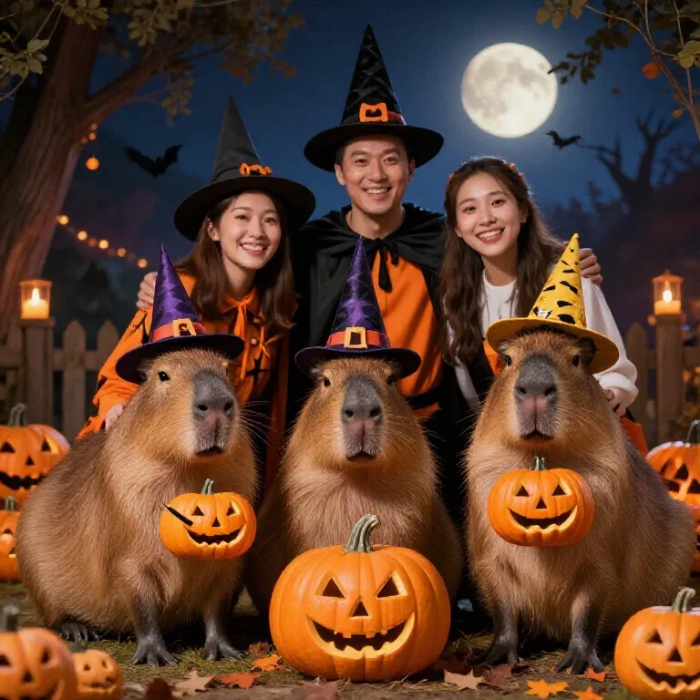capybara family celebrates halloween