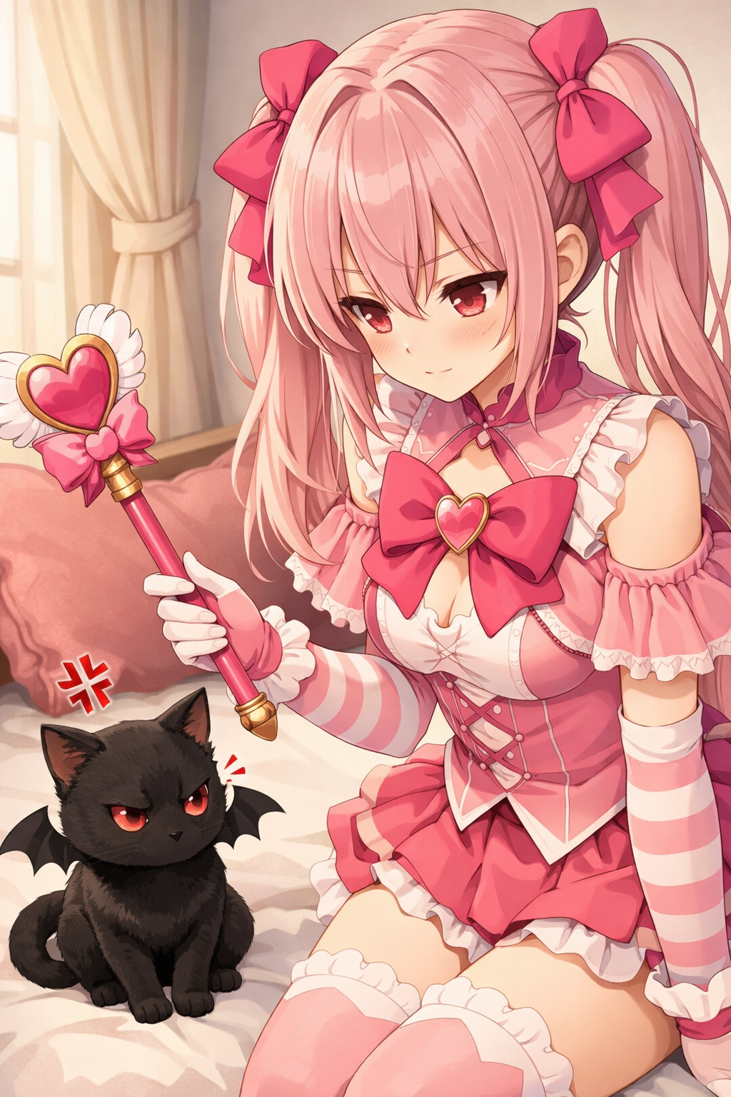 anime girl with pink hair and black cat