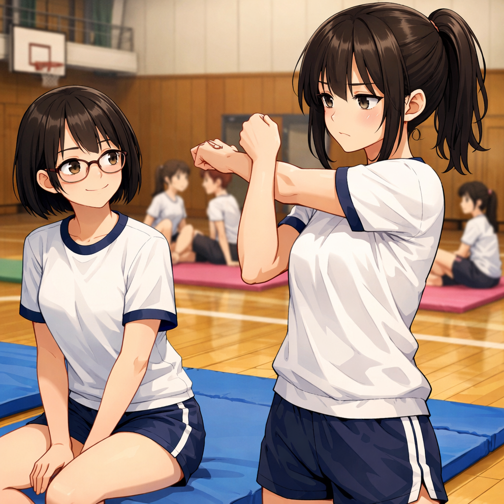 two high school girls anime gymnasium exercise