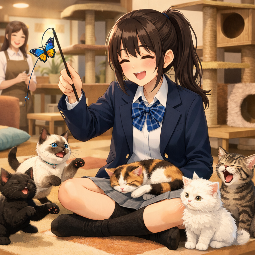 anime high school girl playing with kittens in cat cafe