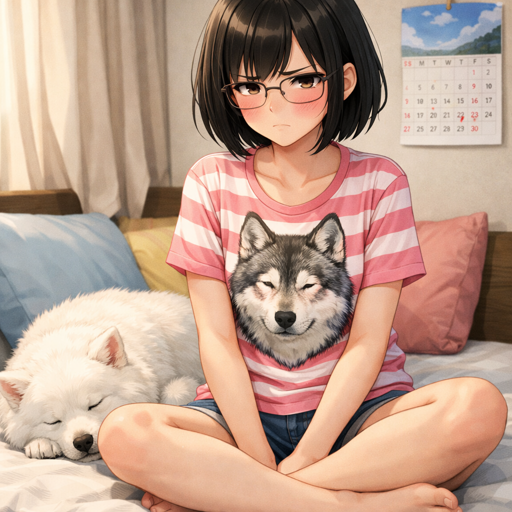 anime high school girl with samoyed in room