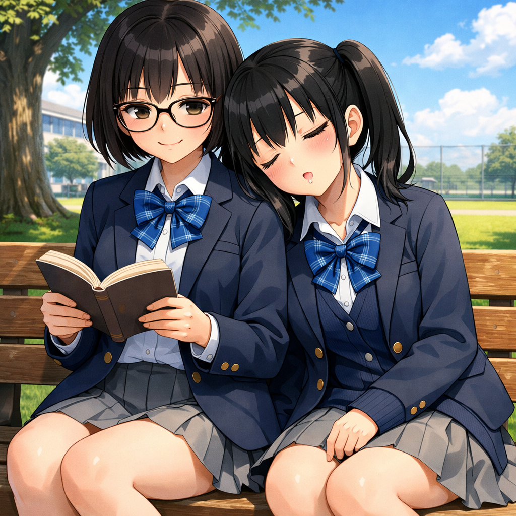 two high school girls anime style sleeping on bench