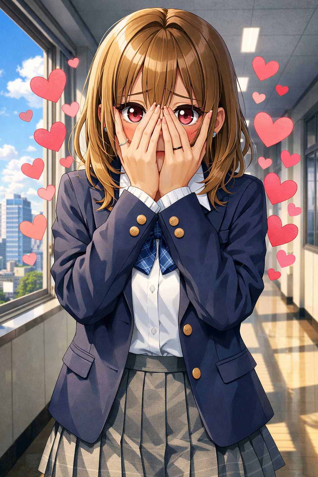 anime girl school hallway heart pupils