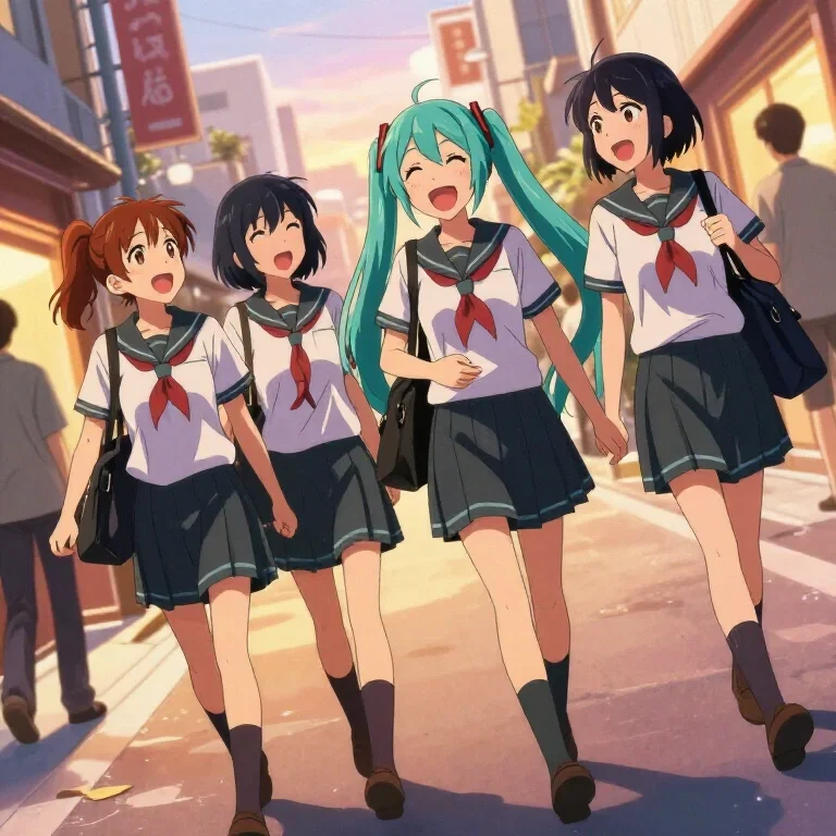 hatsune miku friends laughing shopping street