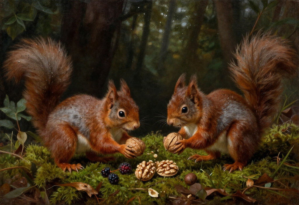 renaissance painting red squirrels forest hyperrealistic