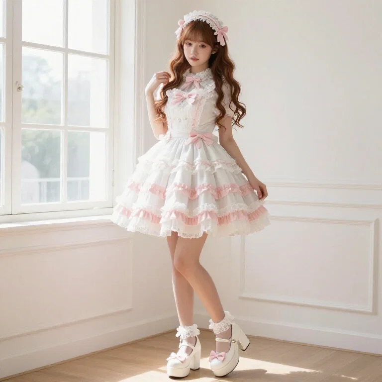 korean woman lolita dress sunlit room