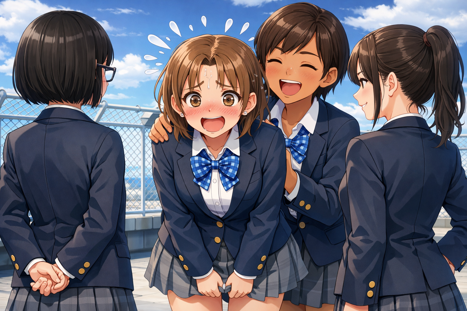 anime girls school rooftop scene