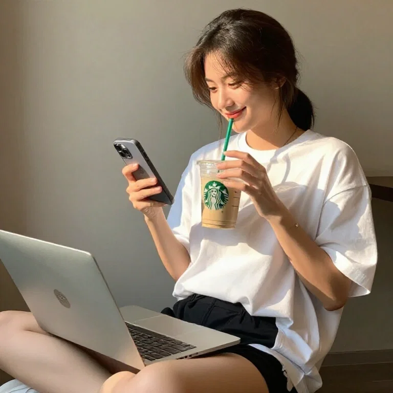 young woman relaxing indoors with phone and laptop