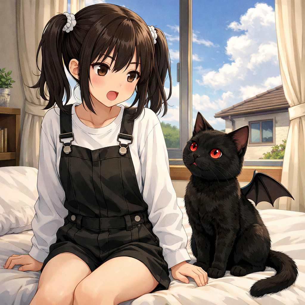 magical girl twin child and cat anime style