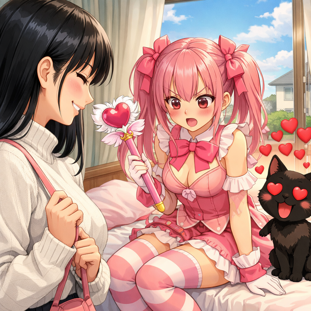 anime magical girl twins and cat indoors