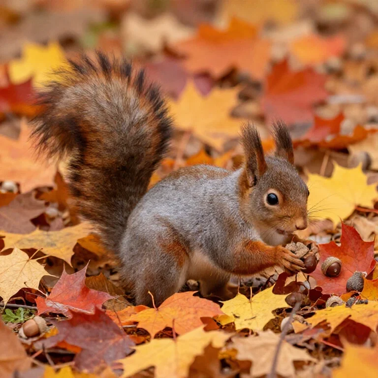squirrel gathering acorns amid autumn leaves