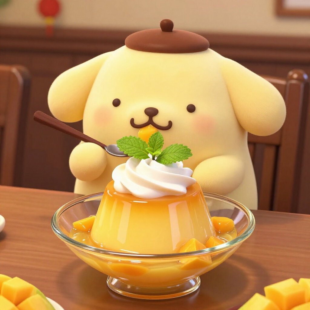 pompompurin eating mango pudding in chinese restaurant