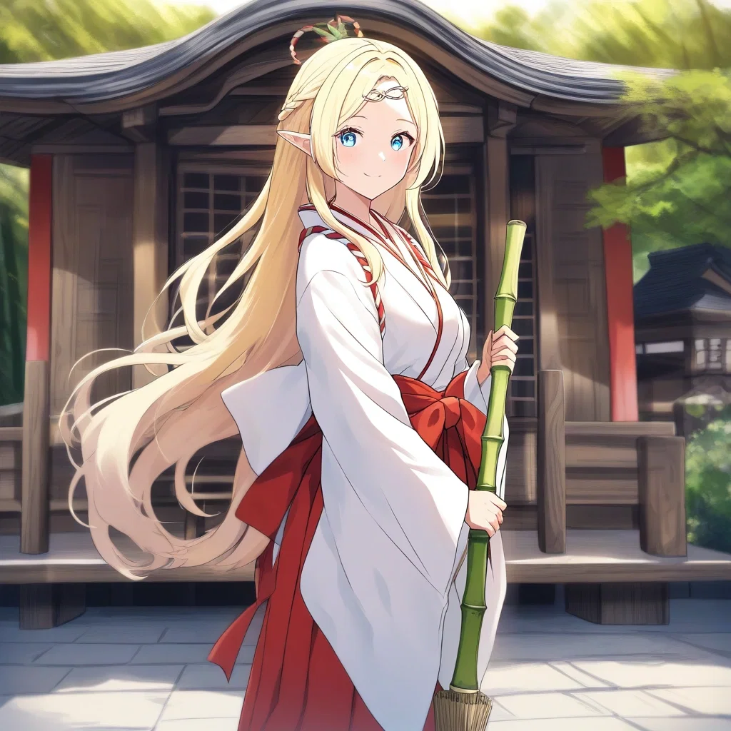 cute blonde elf maiden cleaning shrine