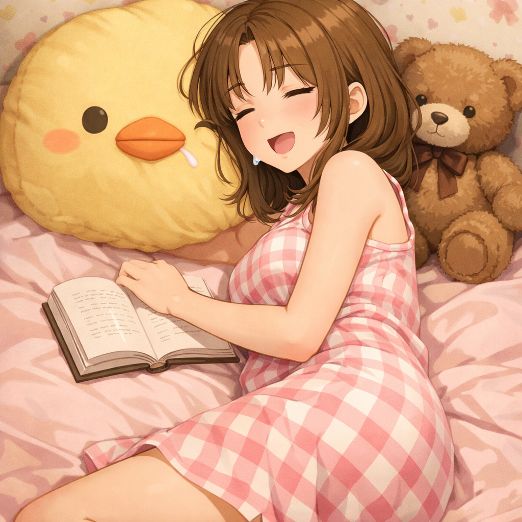 anime girl sleeping in bed with teddy bear