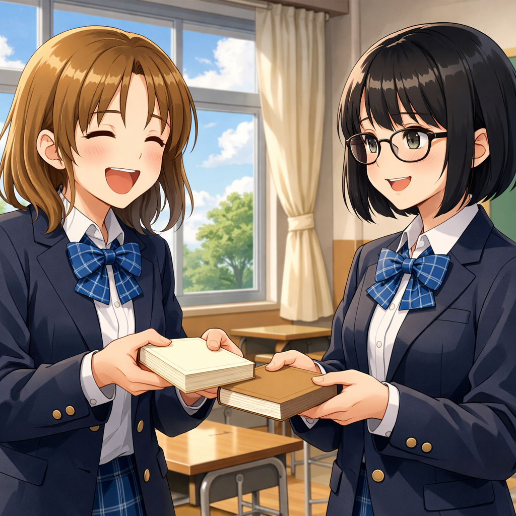 anime girls exchanging books in classroom