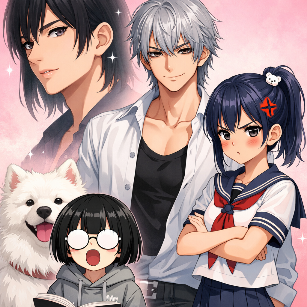 anime style group portrait with bob chan and friends