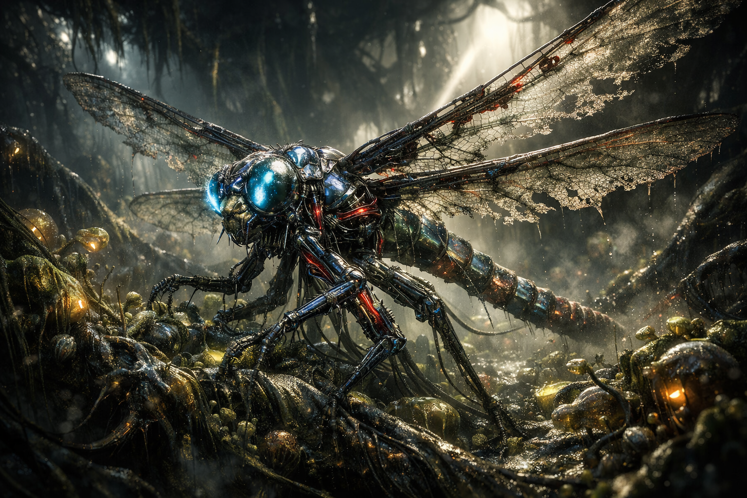 photorealistic biomechanical dragonfly cybernetic musculature bioluminescent flora