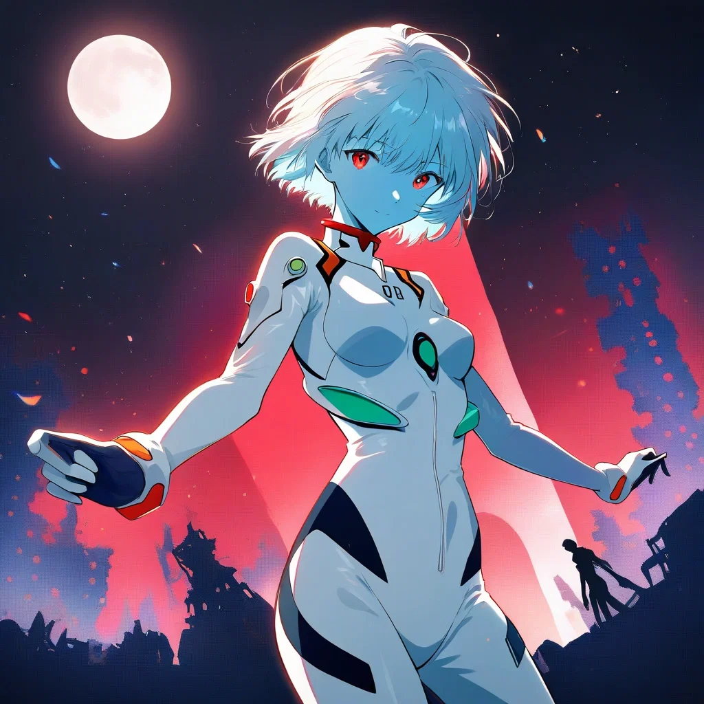 rei ayanami night moon evangelion silhouette ruins