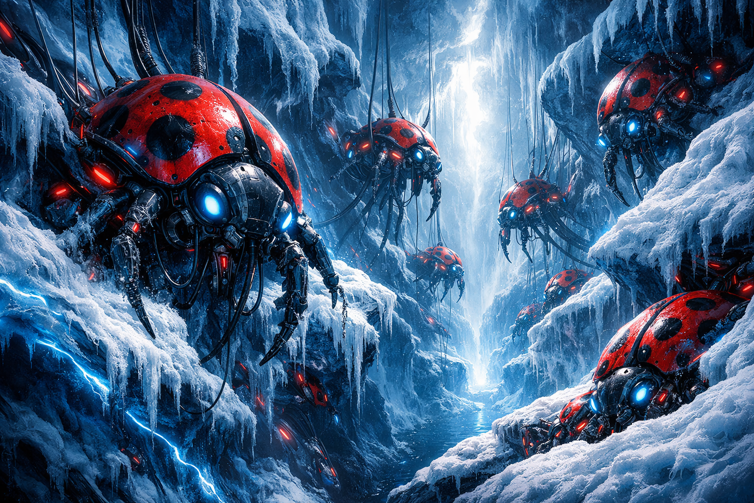 digital painting organic techno beings icy abyss neon