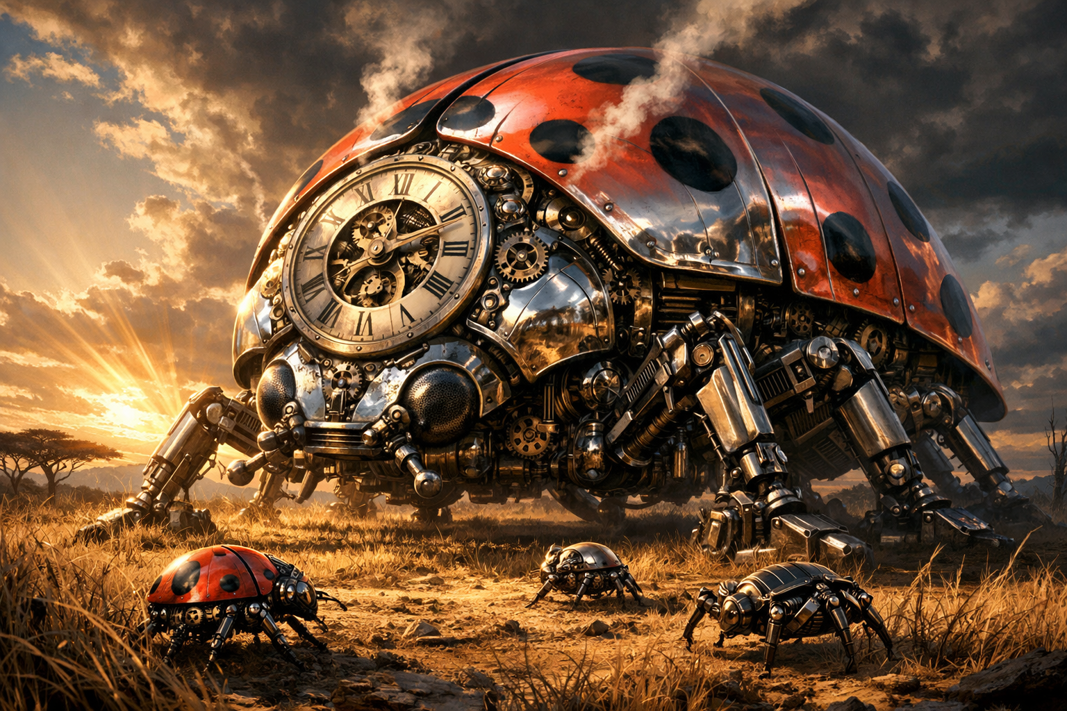 steampunk ladybug clockwork mechanical savanna sunlight