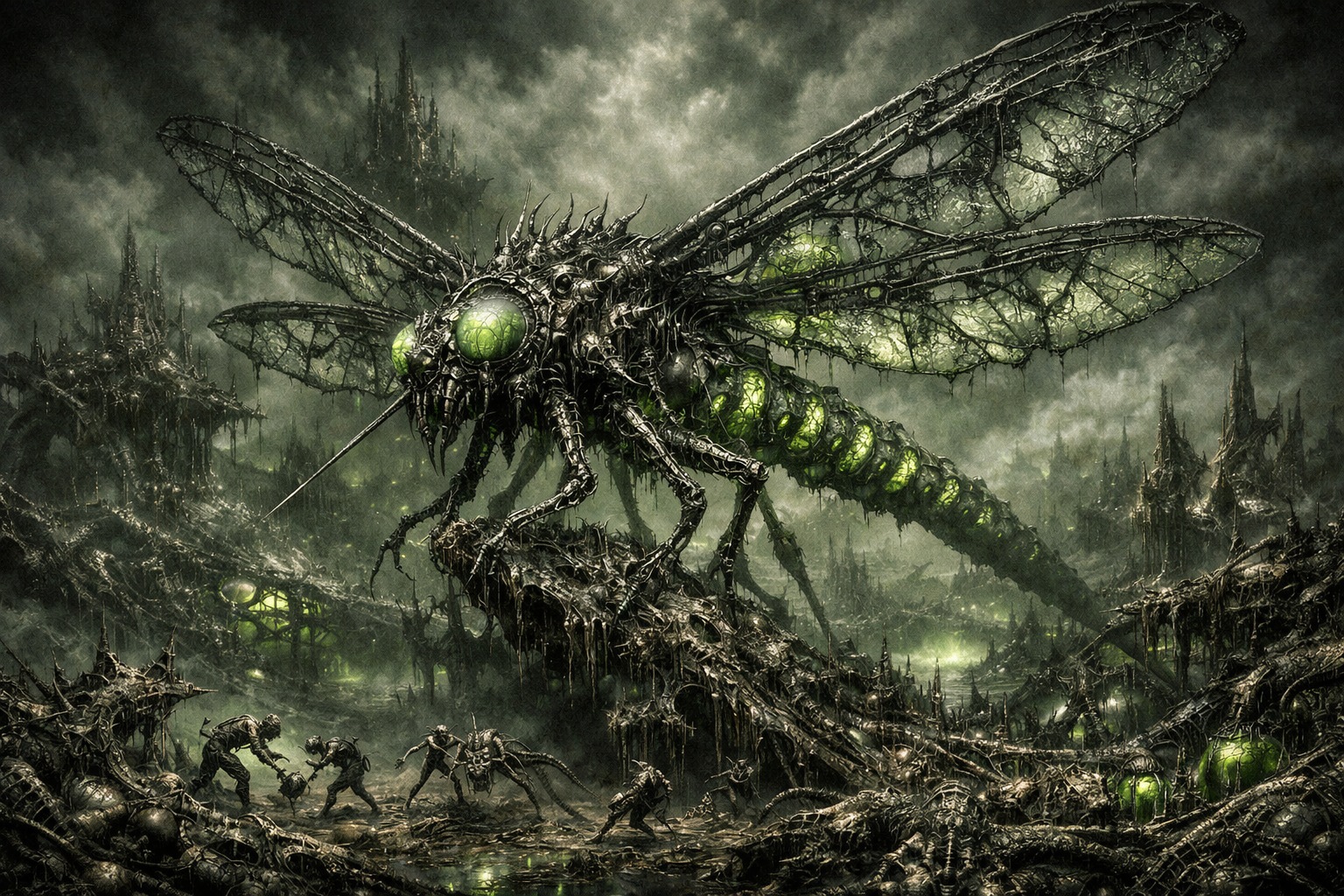 dark futuristic ecosystem with metallic dragonfly