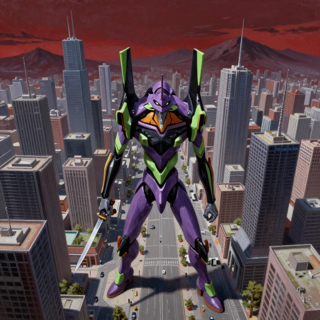 evangelion battle miniature town skyscrapers aerial view