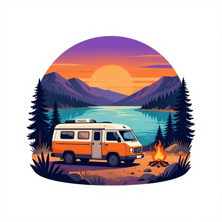 camper van rocky terrain lake mountains sunset