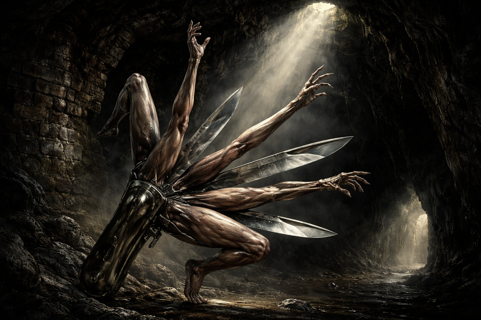 surreal anatomical knife limbs hovering grotto