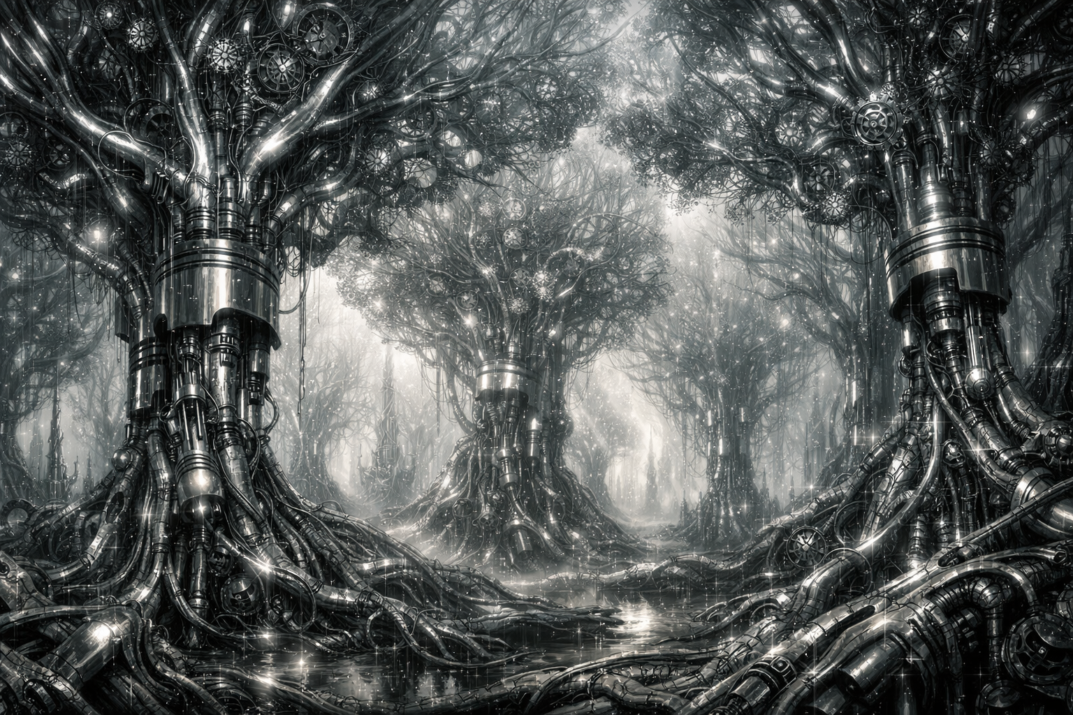 surreal biomechanical forest with metallic organic structures