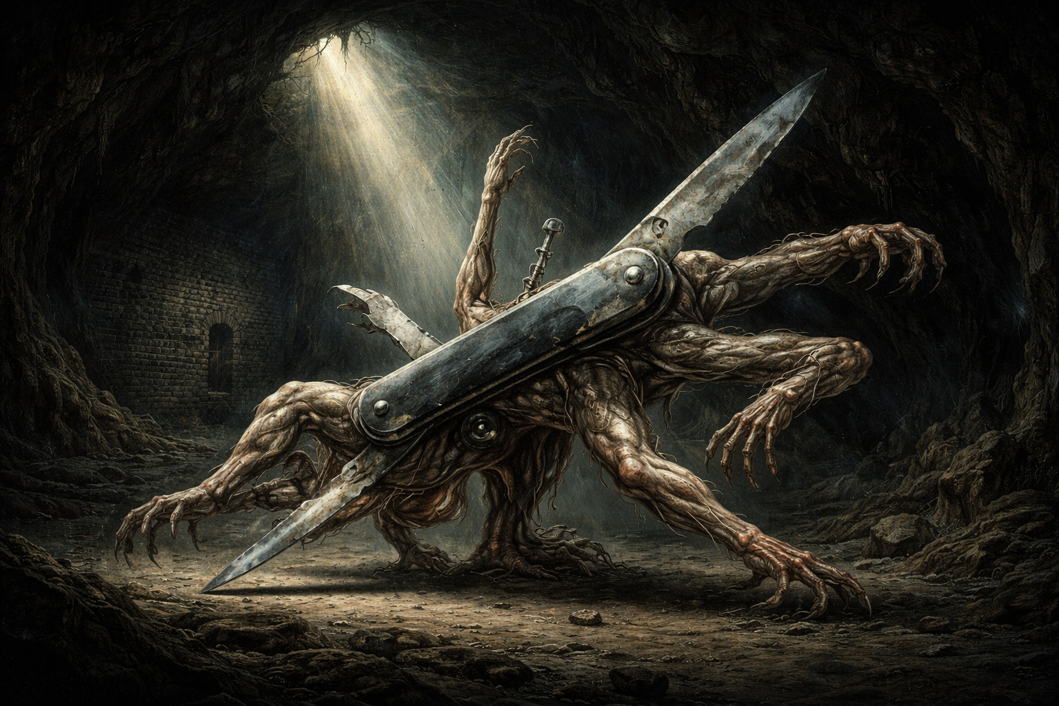 surreal biomorphic knife in dark grotto