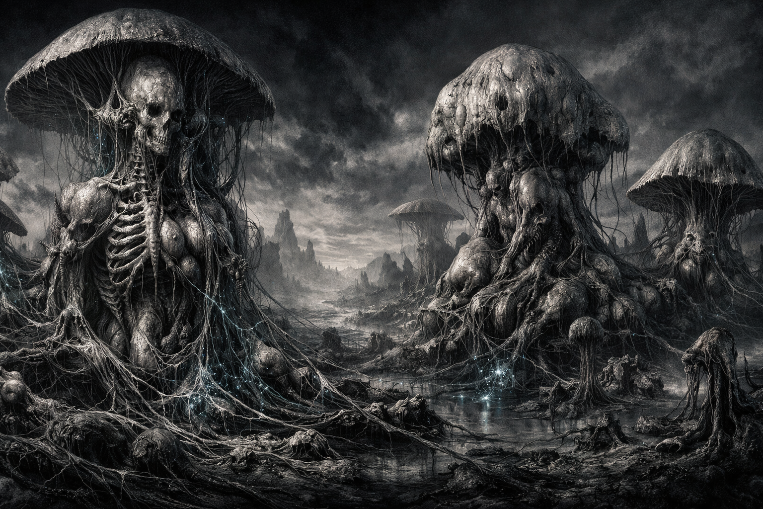 surreal biomechanical mycelial network fusion
