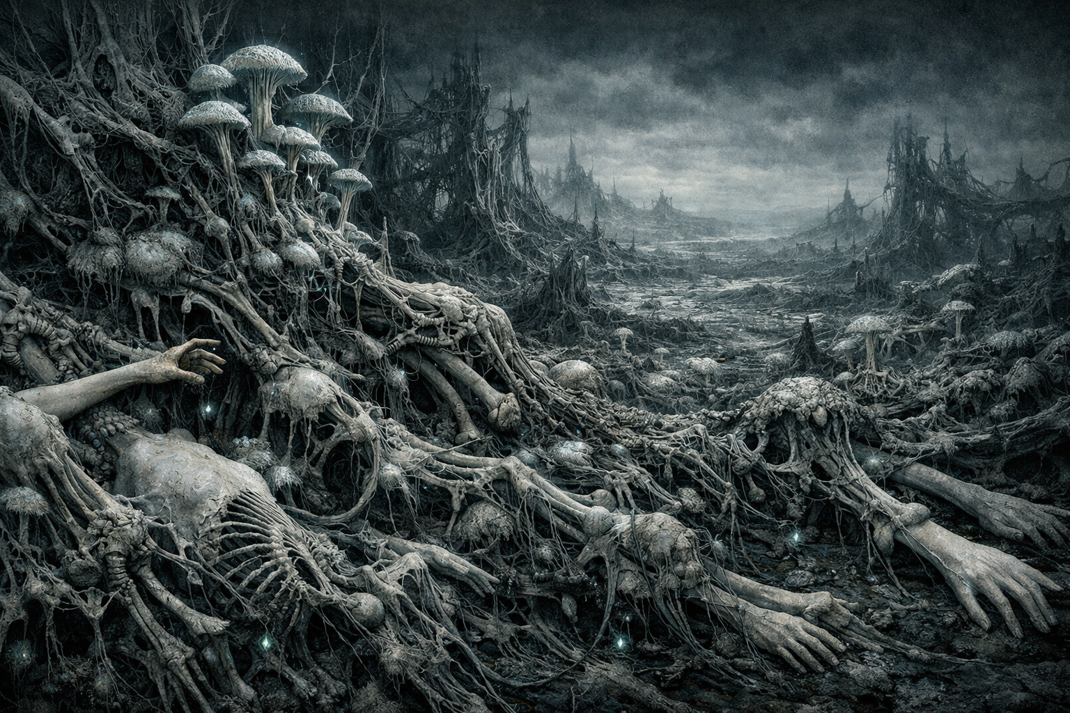 surreal biomechanical fungal network skeletal fusion
