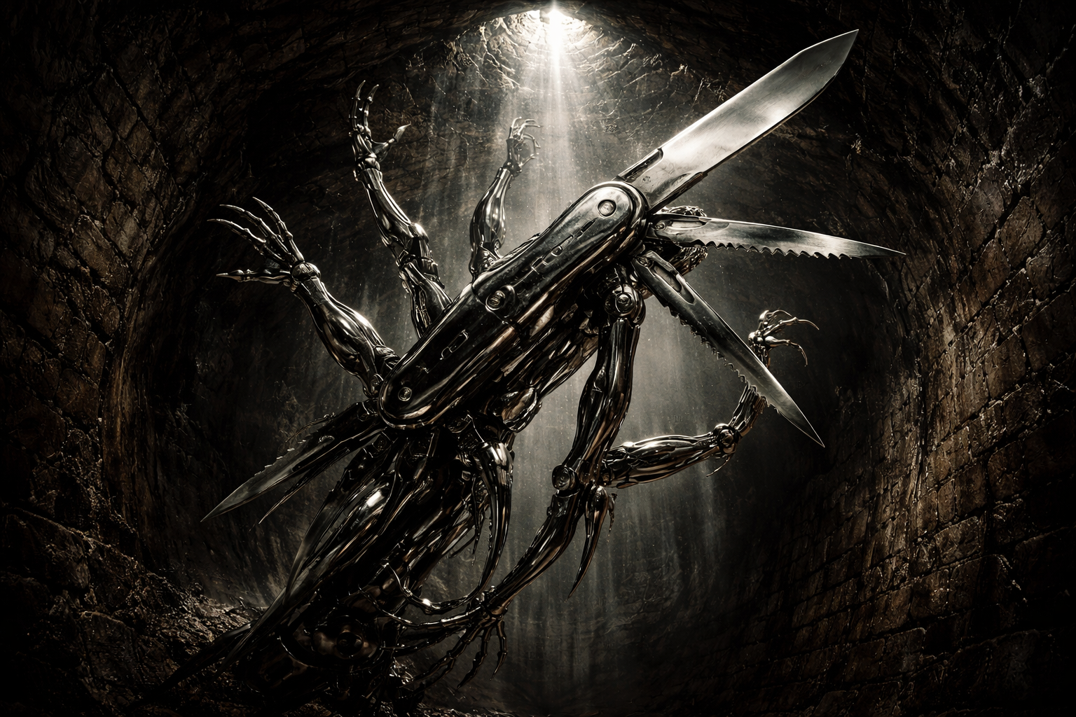 surreal biomechanical structure hovering pocketknife limbs
