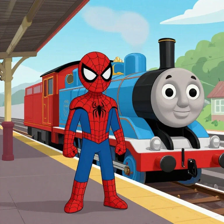 spiderman at sodor station with thomas