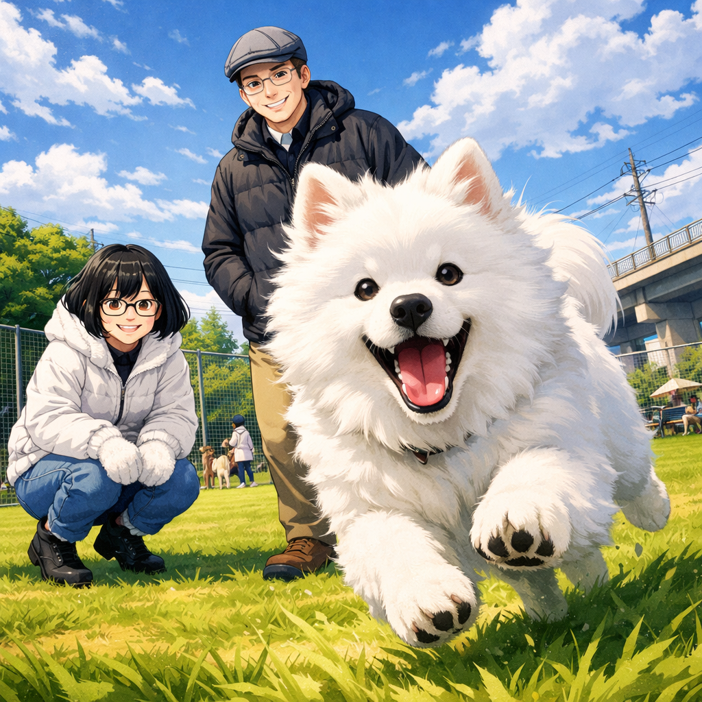 anime samoyed running with owners in park