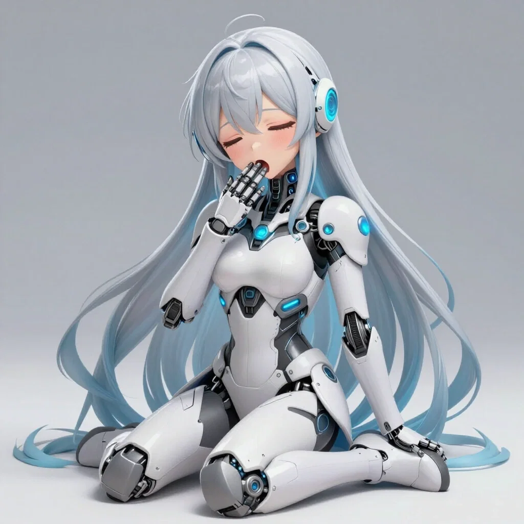 anime cyborg warrior sleepy sitting armor